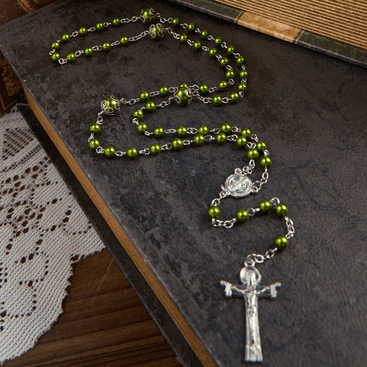 Christianartworkshop St. Benedict Medal & Trinity Cross of 6mm Green Floral Ball Prayer Beads Rosary