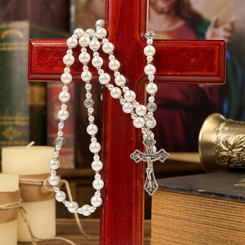 Christianartworkshop Miraculous Medal & Crucifix of 8mm White  Pearl Ball Prayer Beads Rosary