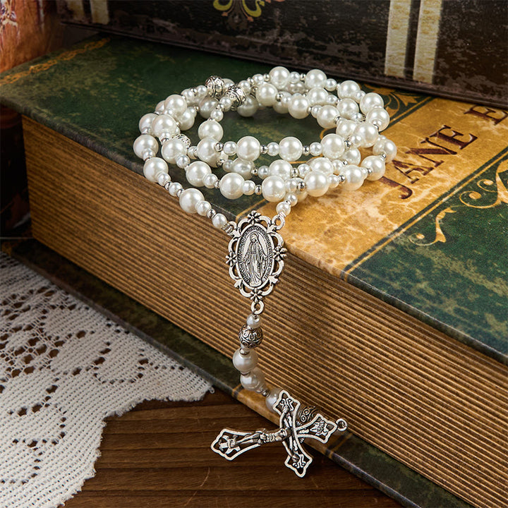 Christianartworkshop Miraculous Medal & Crucifix of 8mm White  Pearl Ball Prayer Beads Rosary