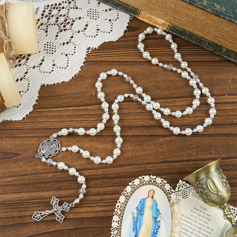 Christianartworkshop Miraculous Medal & Crucifix of 8mm White  Pearl Ball Prayer Beads Rosary