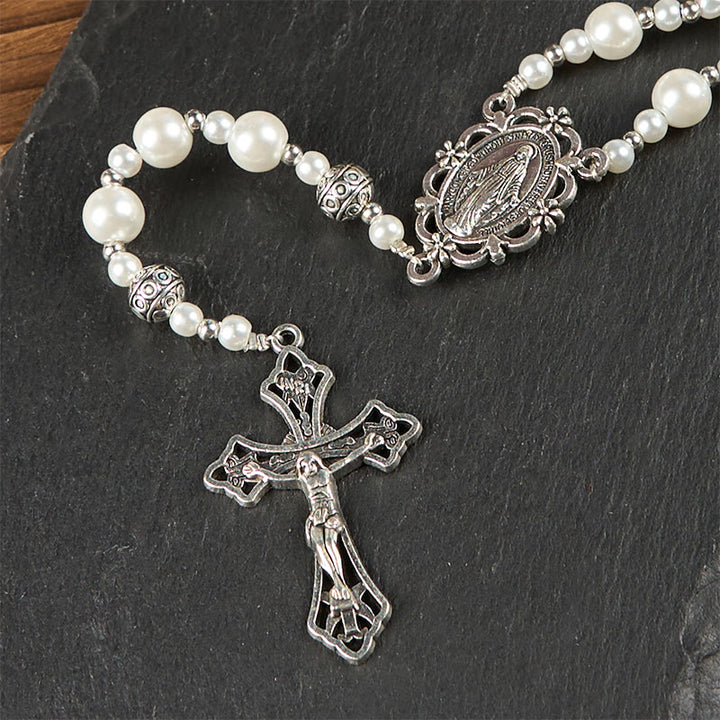 Christianartworkshop Miraculous Medal & Crucifix of 8mm White  Pearl Ball Prayer Beads Rosary