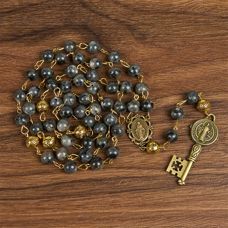 FREE Today: Miraculous Medal & Saint Benedict Key of 8 mm Round Black Stone Alloy Chain Rosary