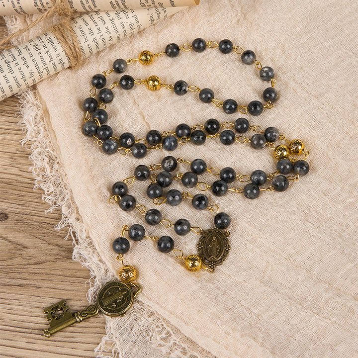 FREE Today: Miraculous Medal & Saint Benedict Key of 8 mm Round Black Stone Alloy Chain Rosary