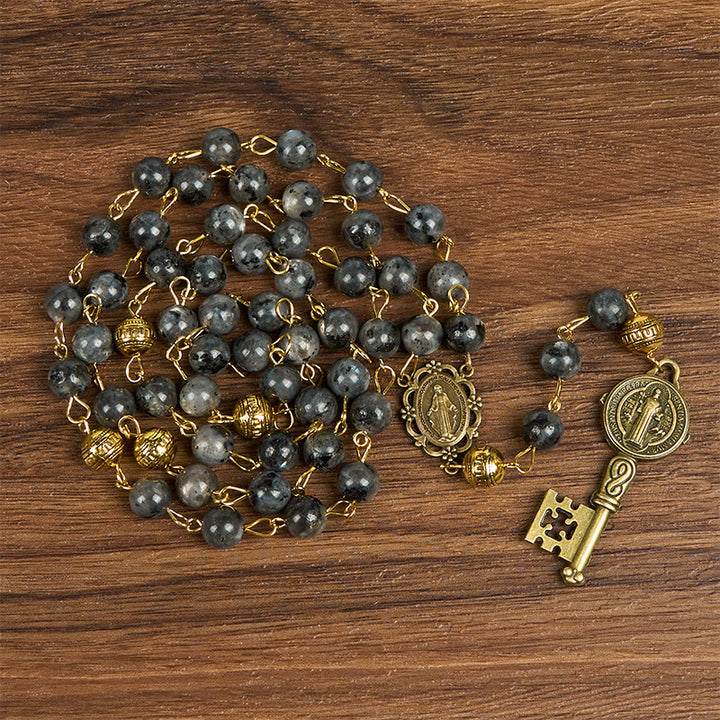 Christianartworkshop Miraculous Medal & Saint Benedict Key of 8 mm Round Black Stone Alloy Chain Rosary