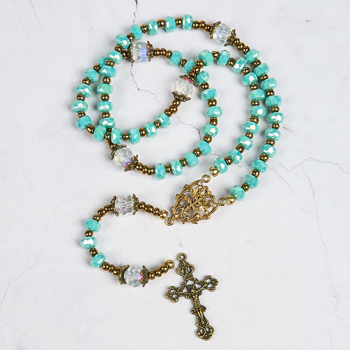 Christianartworkshop Lorraine Cross & Crucifix of 8 mm Rondelle Aquamarine Stone Nylon Cord Rosary