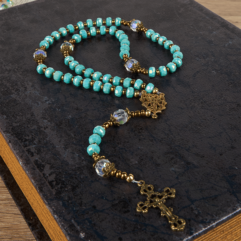 Christianartworkshop Lorraine Cross & Crucifix of 8 mm Rondelle Aquamarine Stone Nylon Cord Rosary