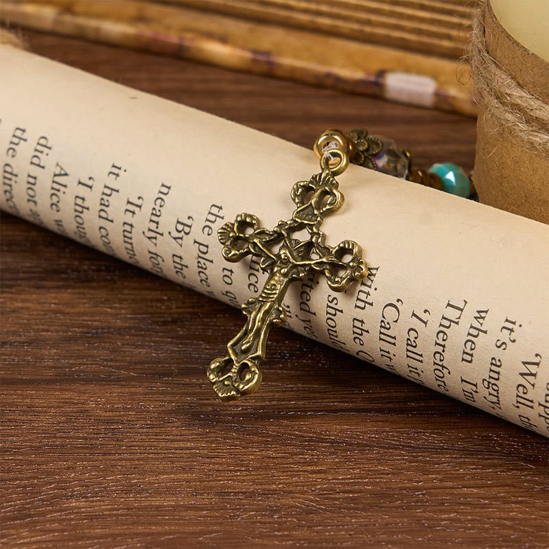 Christianartworkshop Lorraine Cross & Crucifix of 8 mm Rondelle Aquamarine Stone Nylon Cord Rosary