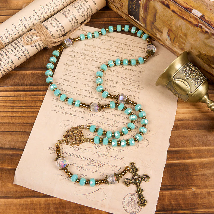 Christianartworkshop Lorraine Cross & Crucifix of 8 mm Rondelle Aquamarine Stone Nylon Cord Rosary