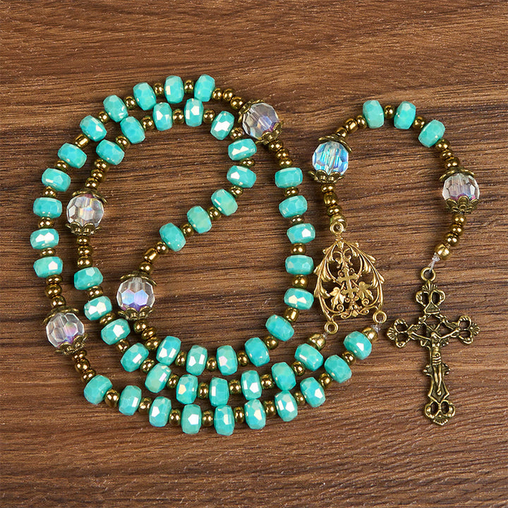 Christianartworkshop Lorraine Cross & Crucifix of 8 mm Rondelle Aquamarine Stone Nylon Cord Rosary