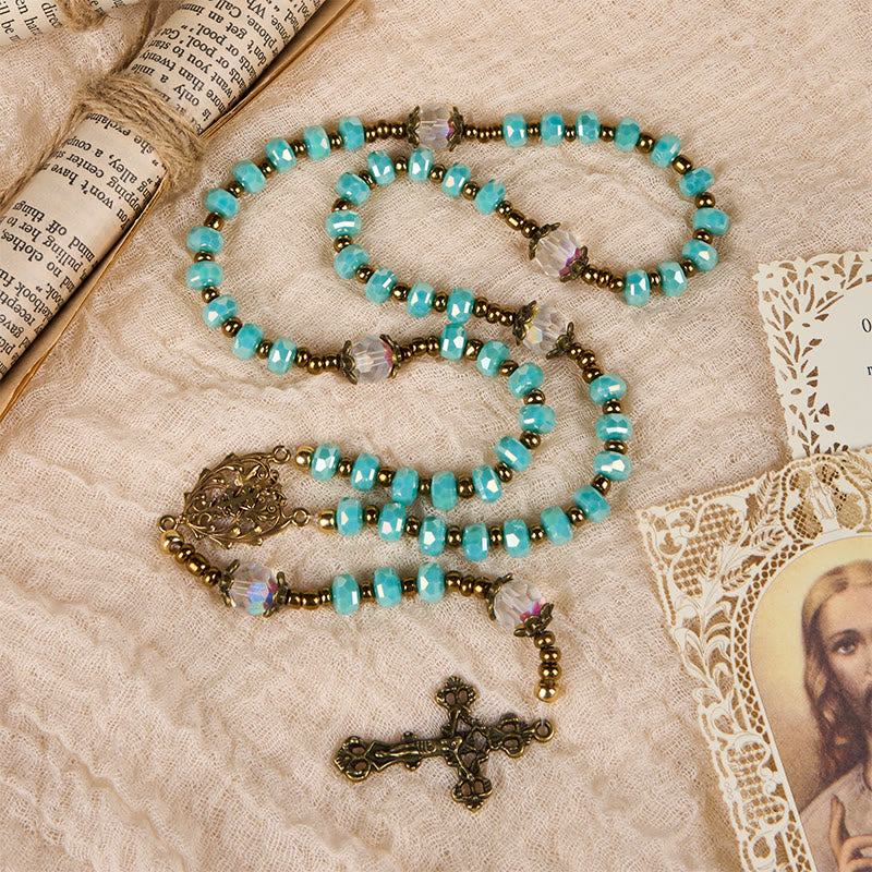 Christianartworkshop Lorraine Cross & Crucifix of 8 mm Rondelle Aquamarine Stone Nylon Cord Rosary