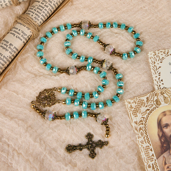 Christianartworkshop Lorraine Cross & Crucifix of 8 mm Rondelle Aquamarine Stone Nylon Cord Rosary