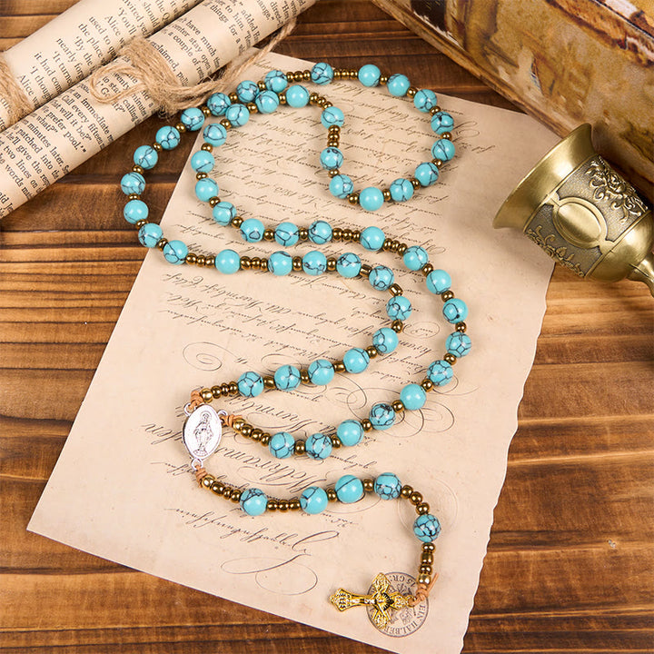 Christianartworkshop Miraculous Medal & Crucifix of 8 mm Round Blue Acrylic Nylon Cord Rosary