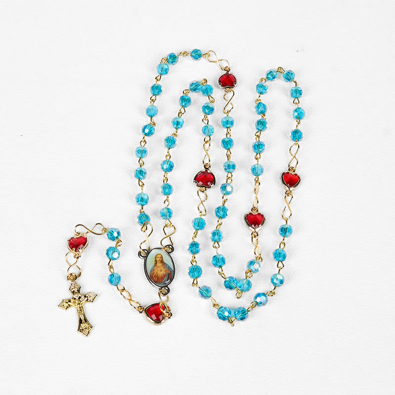 FREE Today: Sacred Heart of Jesus & Crucifix of 6 mm Polyhedron Blue Glass Alloy Chain Rosary