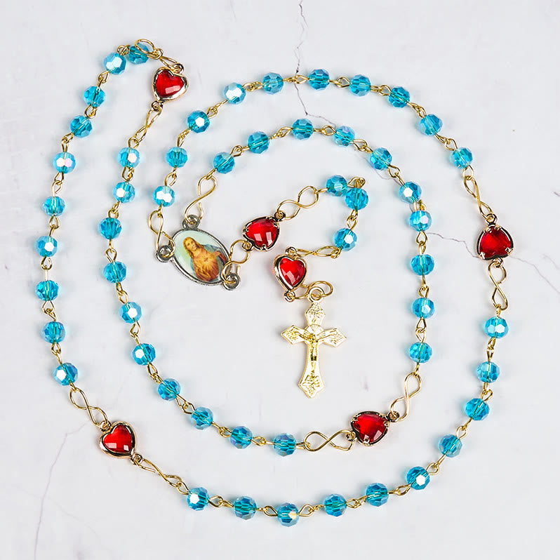 FREE Today: Sacred Heart of Jesus & Crucifix of 6 mm Polyhedron Blue Glass Alloy Chain Rosary