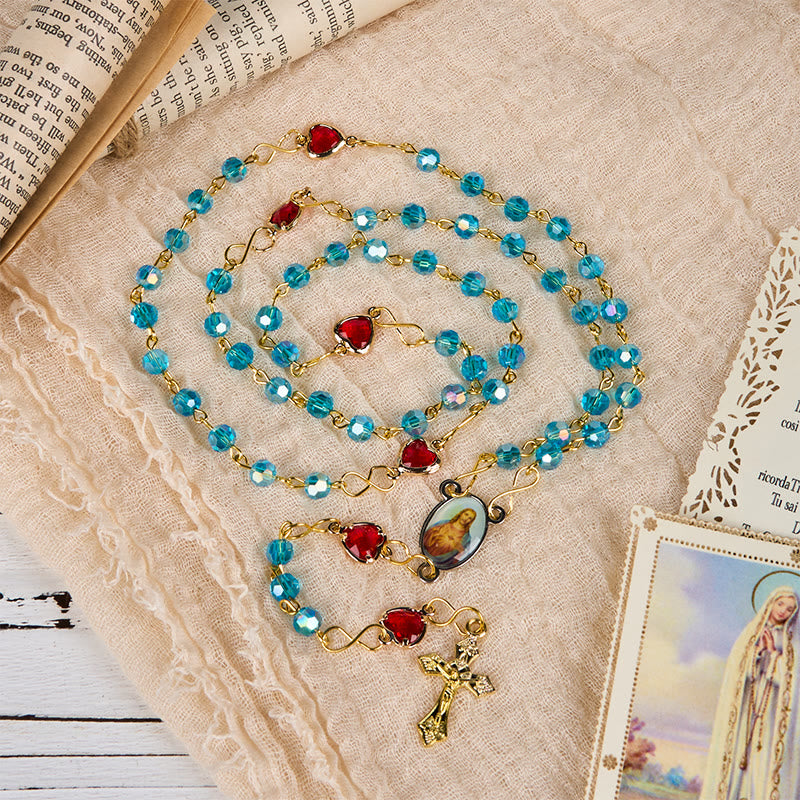 Christianartworkshop Sacred Heart of Jesus & Crucifix of 6 mm Polyhedron Blue Glass Alloy Chain Rosary