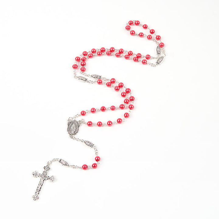 Christianartworkshop Miraculous Medal & Crucifix of 6mm Pearl Ball Prayer Beads Rosary(White&Red)