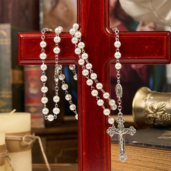 Christianartworkshop Miraculous Medal & Crucifix of 6mm Pearl Ball Prayer Beads Rosary(White&Red)