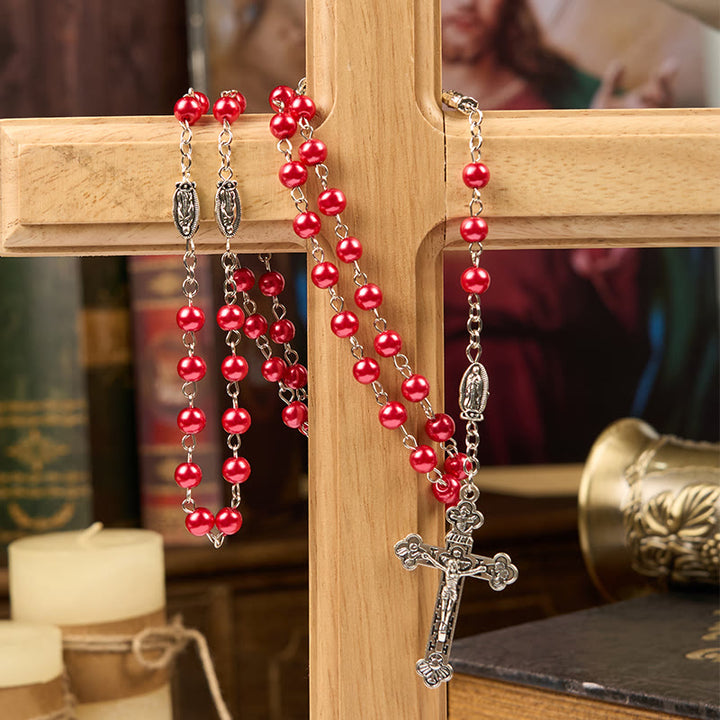 Christianartworkshop Miraculous Medal & Crucifix of 6mm Pearl Ball Prayer Beads Rosary(White&Red)