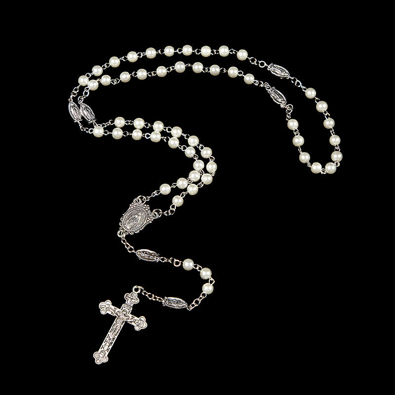 Christianartworkshop Miraculous Medal & Crucifix of 6mm Pearl Ball Prayer Beads Rosary(White&Red)