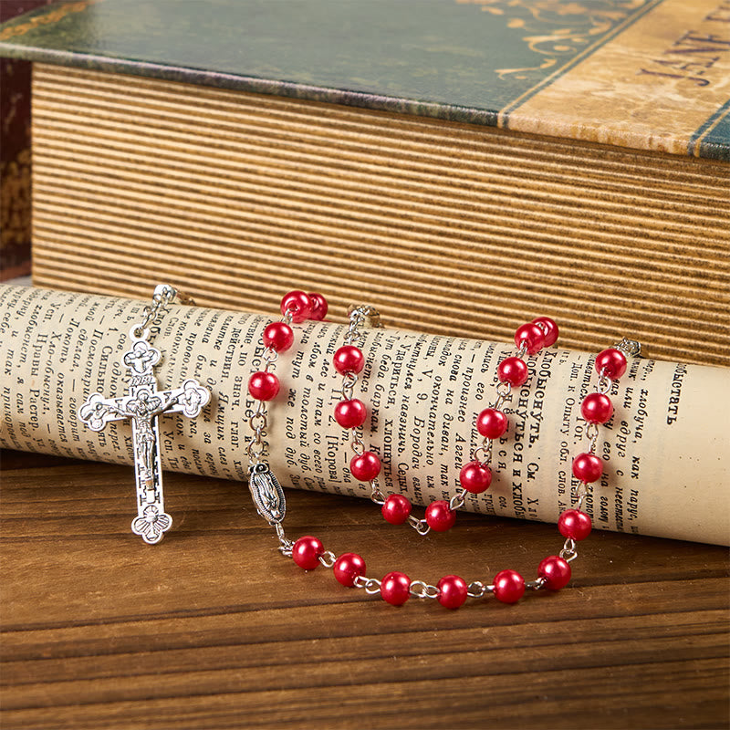 Christianartworkshop Miraculous Medal & Crucifix of 6mm Pearl Ball Prayer Beads Rosary(White&Red)