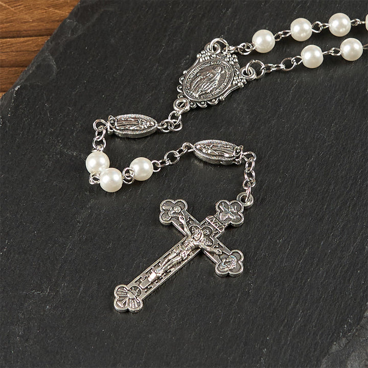 Christianartworkshop Miraculous Medal & Crucifix of 6mm Pearl Ball Prayer Beads Rosary(White&Red)