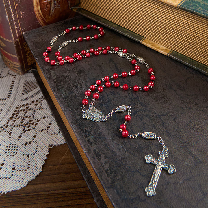 Christianartworkshop Miraculous Medal & Crucifix of 6mm Pearl Ball Prayer Beads Rosary(White&Red)