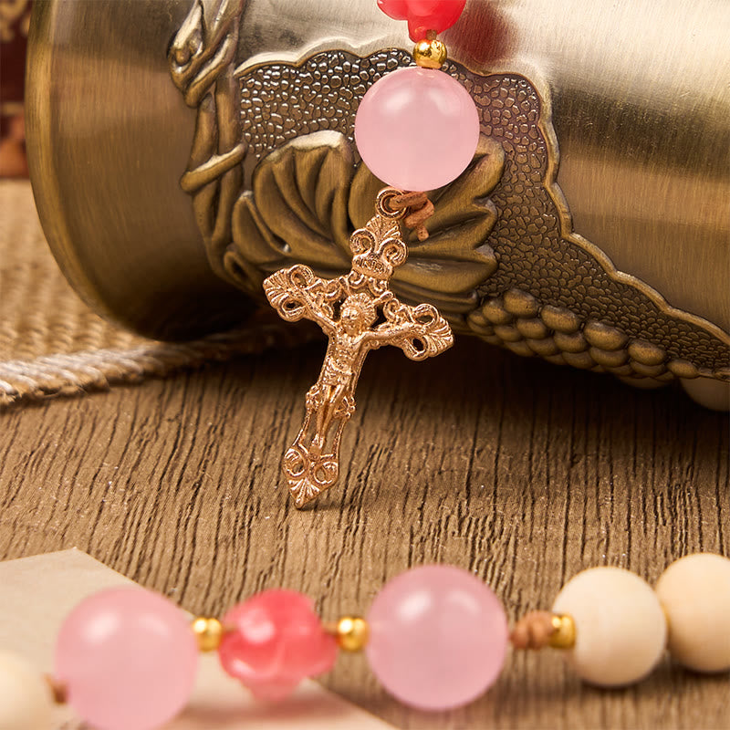 Christianartworkshop Miraculous Medal & Crucifix of 10mm Natural Wood Prayer Beads Handmade Rosary