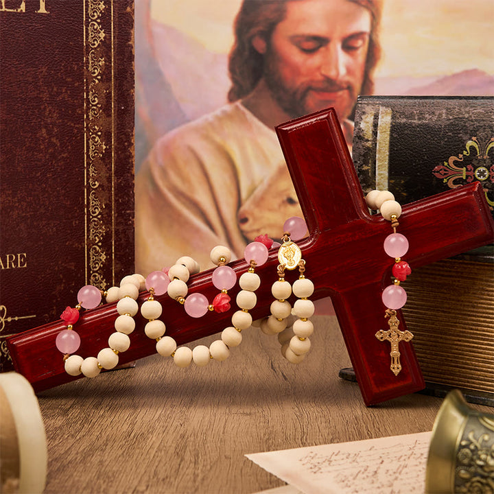 Christianartworkshop Miraculous Medal & Crucifix of 10mm Natural Wood Prayer Beads Handmade Rosary - image 4