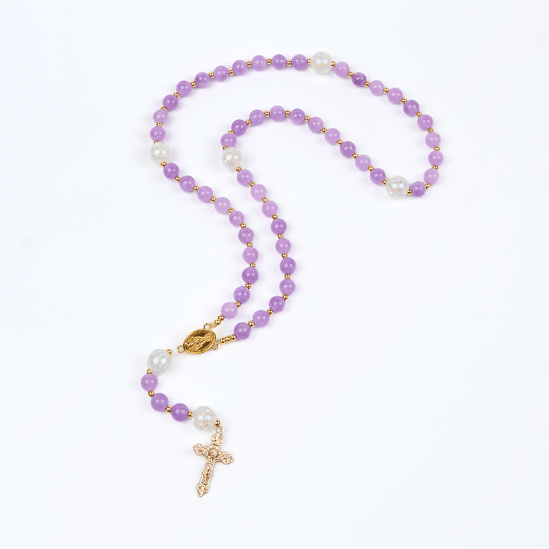 Christianartworkshop Miraculous Medal & Crucifix of 8mm Purple Round Beads Handmade Rosary