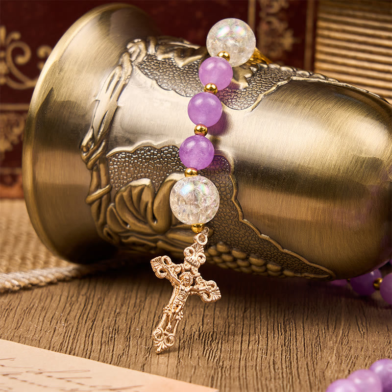 Christianartworkshop Miraculous Medal & Crucifix of 8mm Purple Round Beads Handmade Rosary