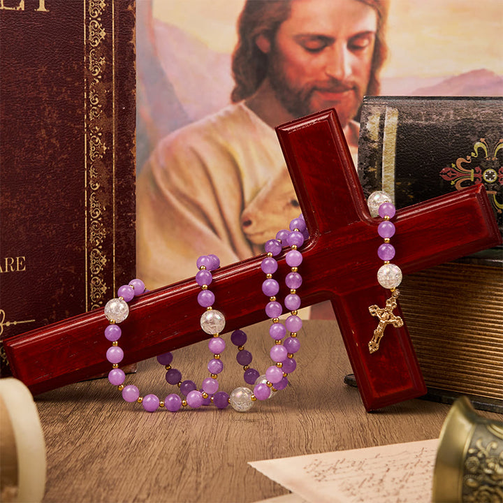 Christianartworkshop Miraculous Medal & Crucifix of 8mm Purple Round Beads Handmade Rosary