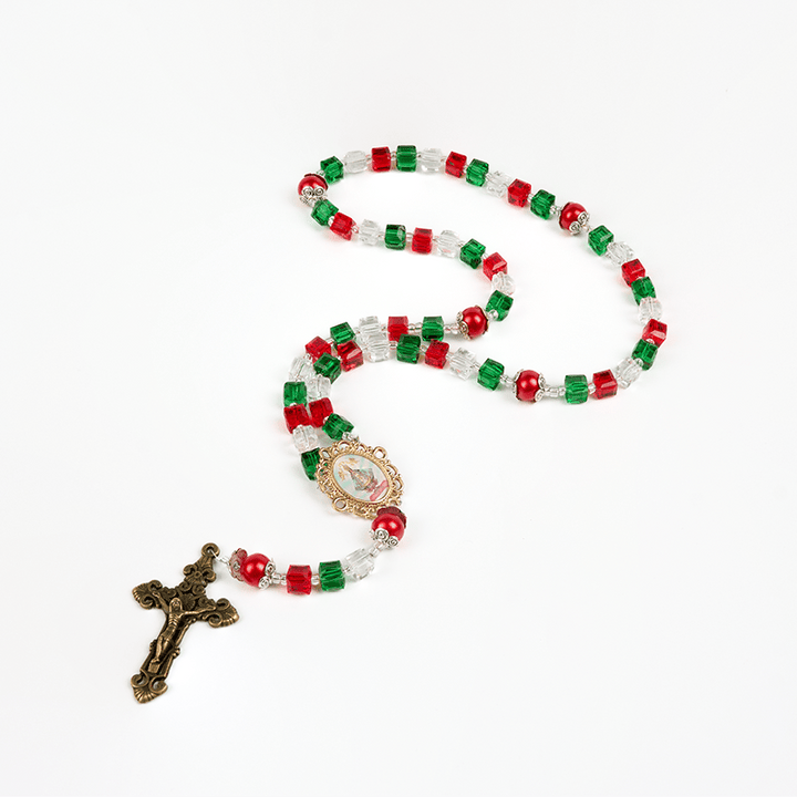 Christianartworkshop Our Lady of Guadalupe & Crucifix of 8mm Tricolor Beaded Handmade Rosary