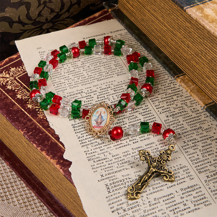 Christianartworkshop Our Lady of Guadalupe & Crucifix of 8mm Tricolor Beaded Handmade Rosary