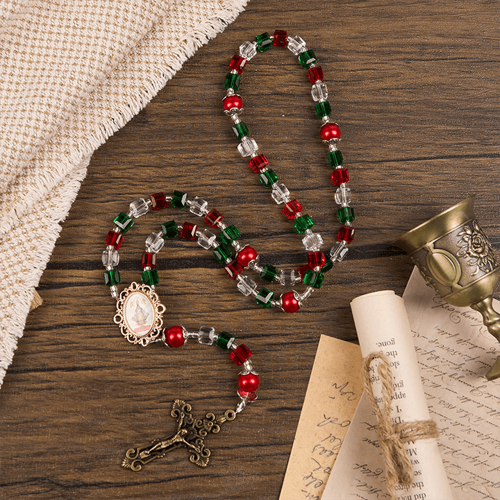 Christianartworkshop Our Lady of Guadalupe & Crucifix of 8mm Tricolor Beaded Handmade Rosary