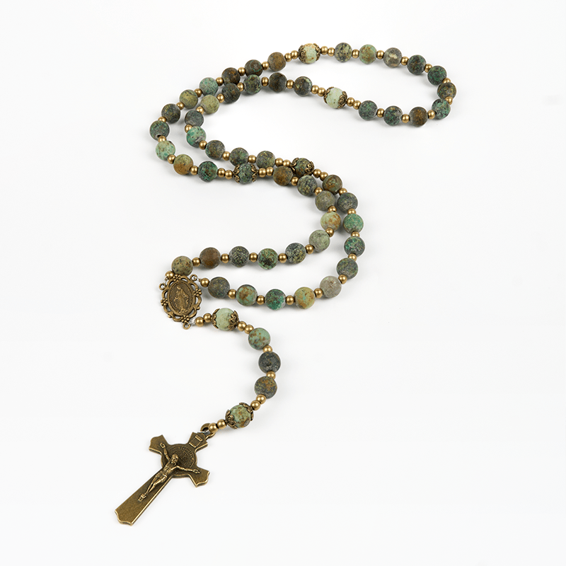 Christianartworkshop Retro Style Miraculous Medal & Crucifix of 8mm Matte African Turquoise Handmade Rosary