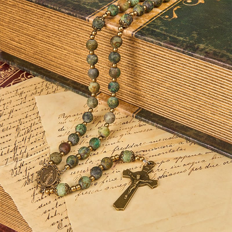 Christianartworkshop Retro Style Miraculous Medal & Crucifix of 8mm Matte African Turquoise Handmade Rosary