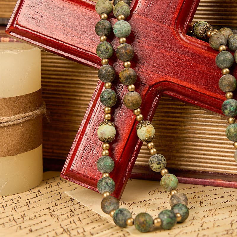 Christianartworkshop Retro Style Miraculous Medal & Crucifix of 8mm Matte African Turquoise Handmade Rosary - image 4