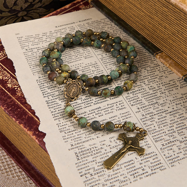 Christianartworkshop Retro Style Miraculous Medal & Crucifix of 8mm Matte African Turquoise Handmade Rosary