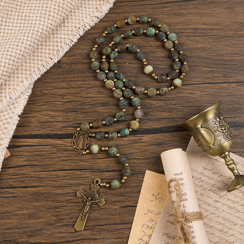 Christianartworkshop Retro Style Miraculous Medal & Crucifix of 8mm Matte African Turquoise Handmade Rosary - Matte African Turquoise - image 0