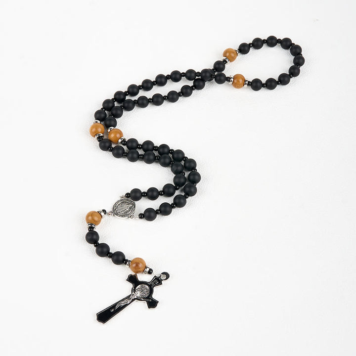 Christianartworkshop St. Benedict Medal & Crucifix of 8mm Elegant Matte Black & Wooden Beads Handmade Rosary