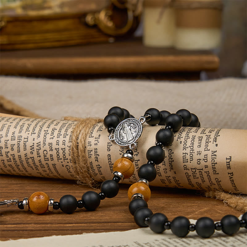 Christianartworkshop St. Benedict Medal & Crucifix of 8mm Elegant Matte Black & Wooden Beads Handmade Rosary