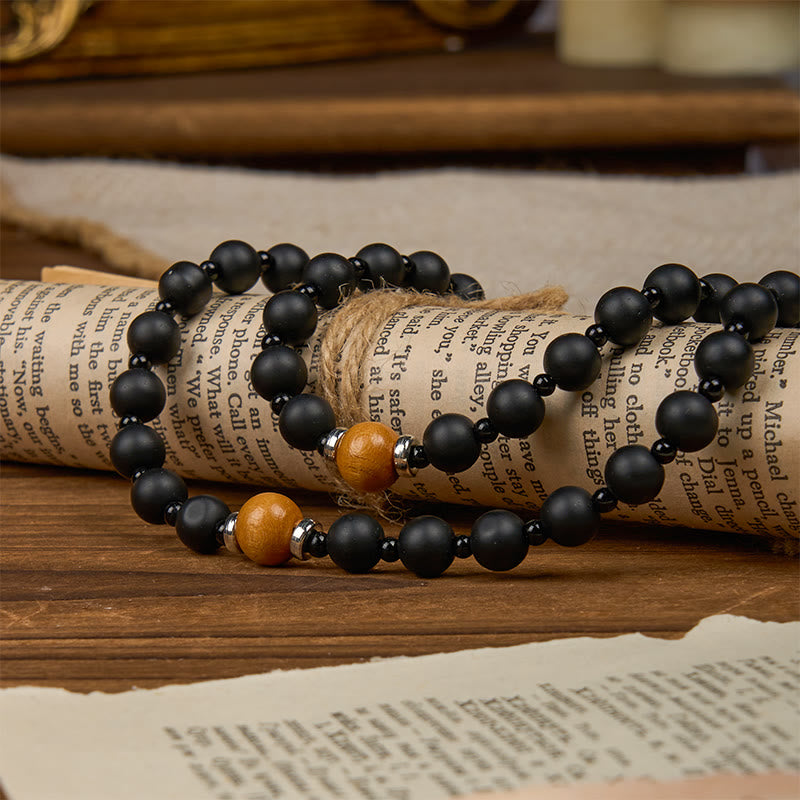 Christianartworkshop St. Benedict Medal & Crucifix of 8mm Elegant Matte Black & Wooden Beads Handmade Rosary