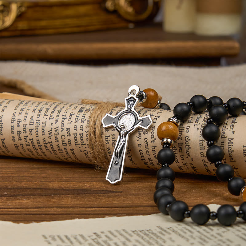 Christianartworkshop St. Benedict Medal & Crucifix of 8mm Elegant Matte Black & Wooden Beads Handmade Rosary