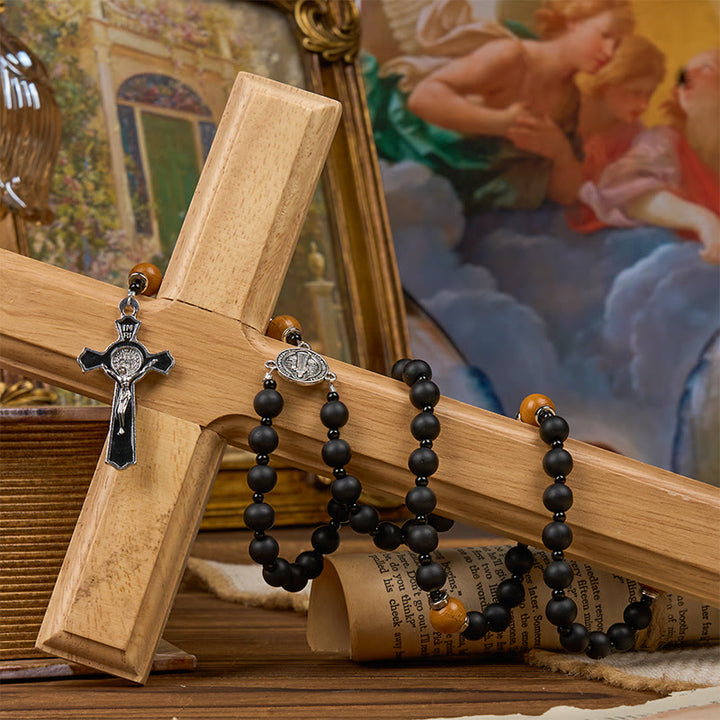 Christianartworkshop St. Benedict Medal & Crucifix of 8mm Elegant Matte Black & Wooden Beads Handmade Rosary