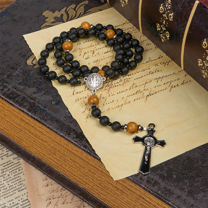 Christianartworkshop St. Benedict Medal & Crucifix of 8mm Elegant Matte Black & Wooden Beads Handmade Rosary