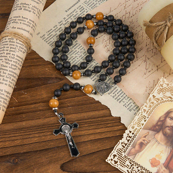 Christianartworkshop St. Benedict Medal & Crucifix of 8mm Elegant Matte Black & Wooden Beads Handmade Rosary