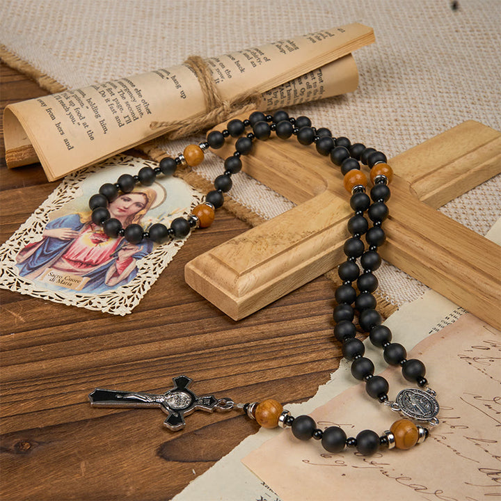 Christianartworkshop St. Benedict Medal & Crucifix of 8mm Elegant Matte Black & Wooden Beads Handmade Rosary