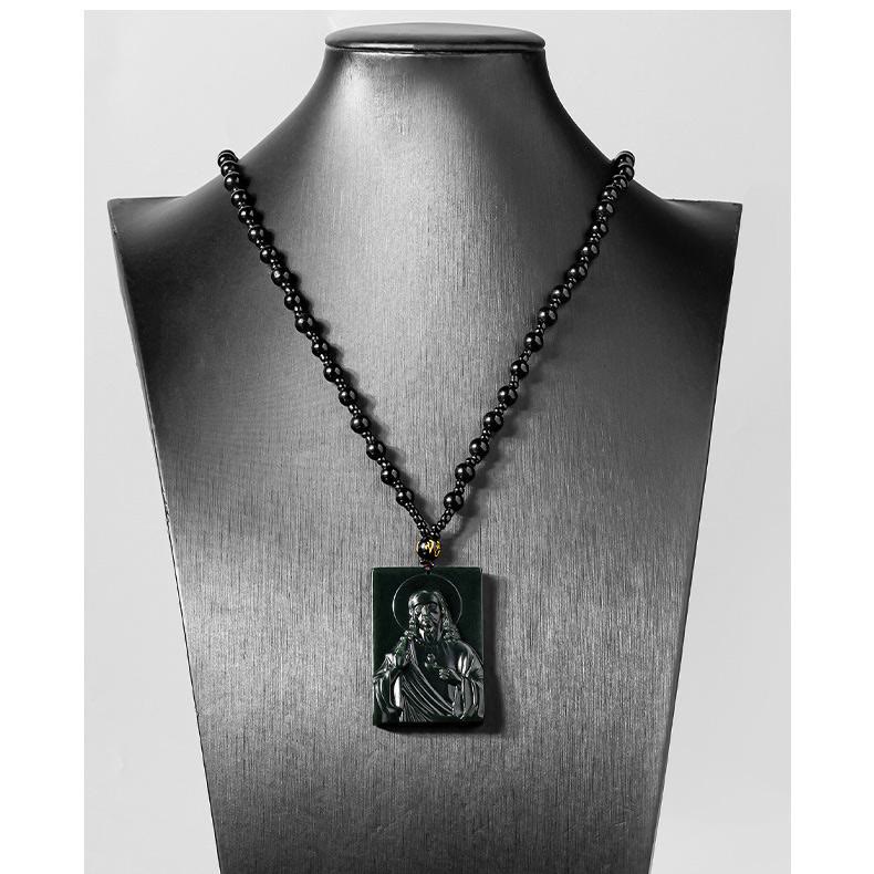 Christianartworkshop HeTian Black Jade Jesus Pendant Necklace-Symbol of Faith and Protection