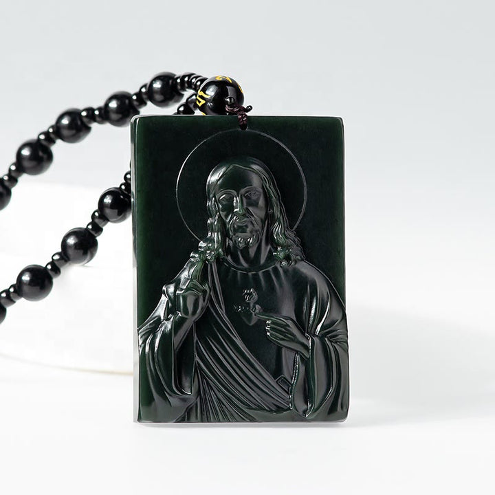 Christianartworkshop HeTian Black Jade Jesus Pendant Necklace-Symbol of Faith and Protection