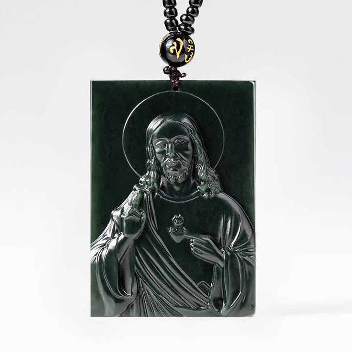 Christianartworkshop HeTian Black Jade Jesus Pendant Necklace-Symbol of Faith and Protection